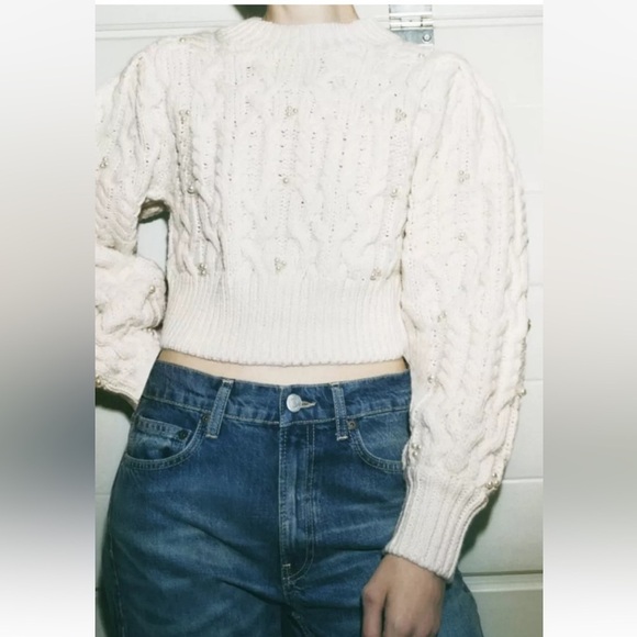 Zara CABLE KNIT CROP PEARL SWEATER size Large - Picture 6 of 15